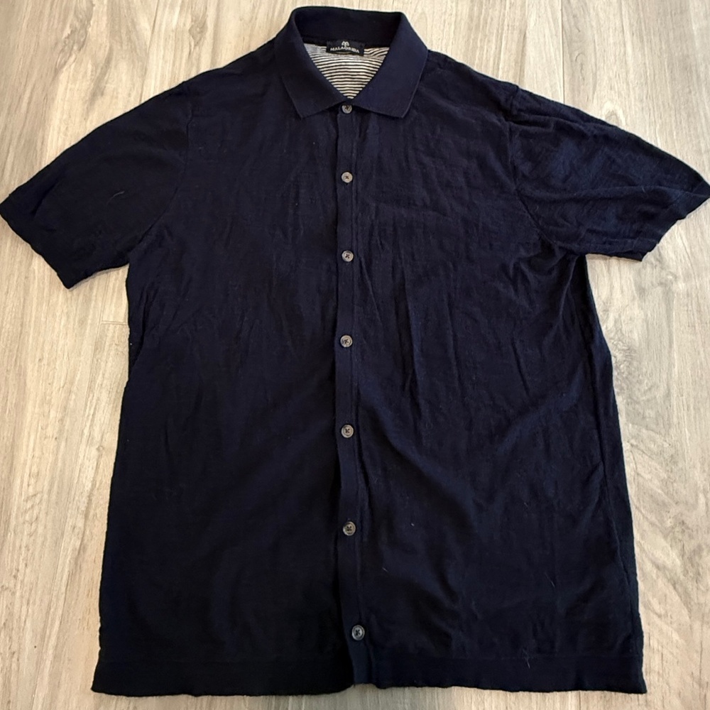 Malagrida Short Sleeve Button Down Polo Sweater Linen Blend Italy Medium Blue